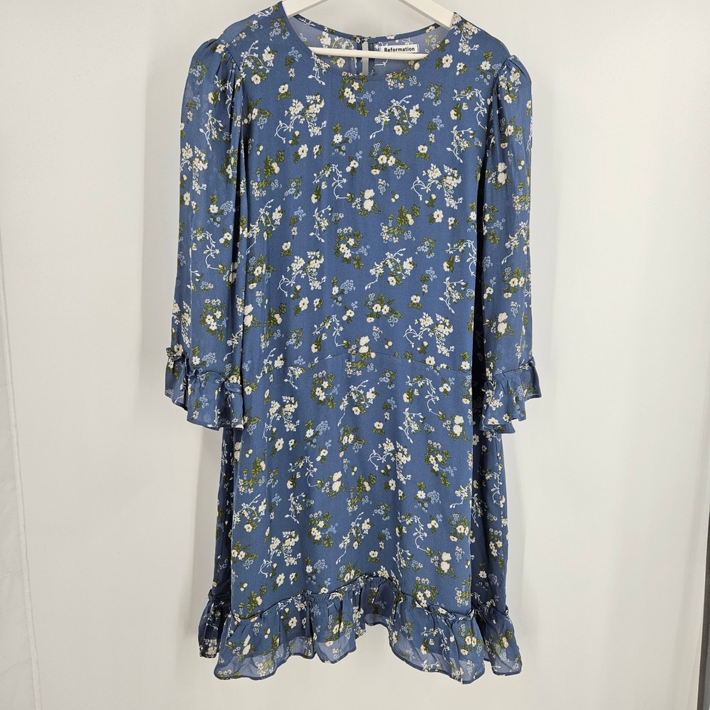 Reformation Doutzen Avery Mini Shift Dress Blue Floral Ruffle Hem Mini Size 18